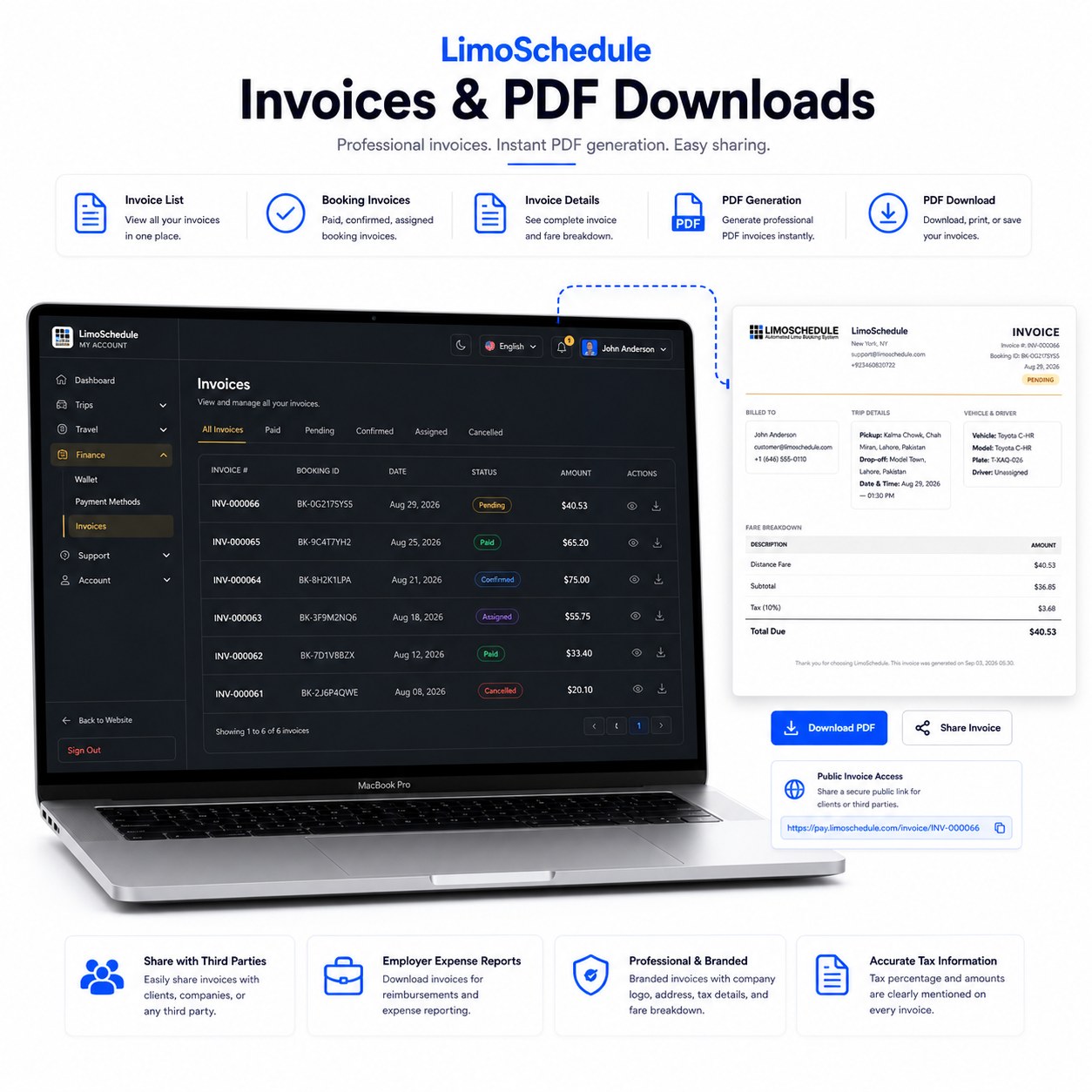 LimoSchedule invoice list with a branded PDF invoice showing fare breakdown and tax