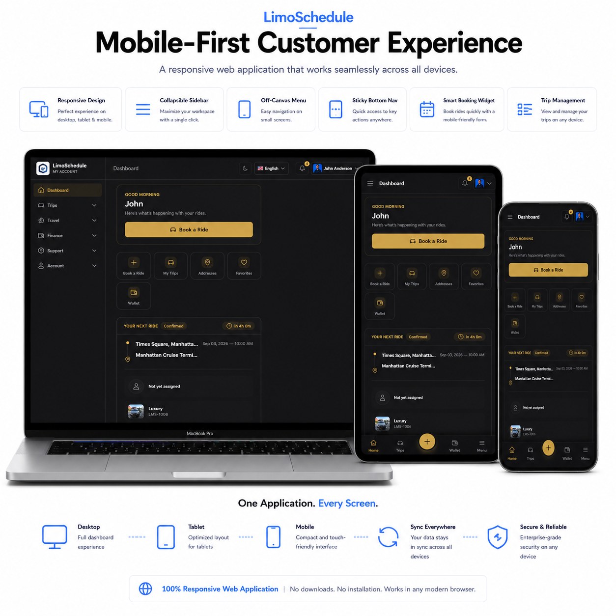 LimoSchedule customer panel shown responsively on desktop, tablet and mobile screens