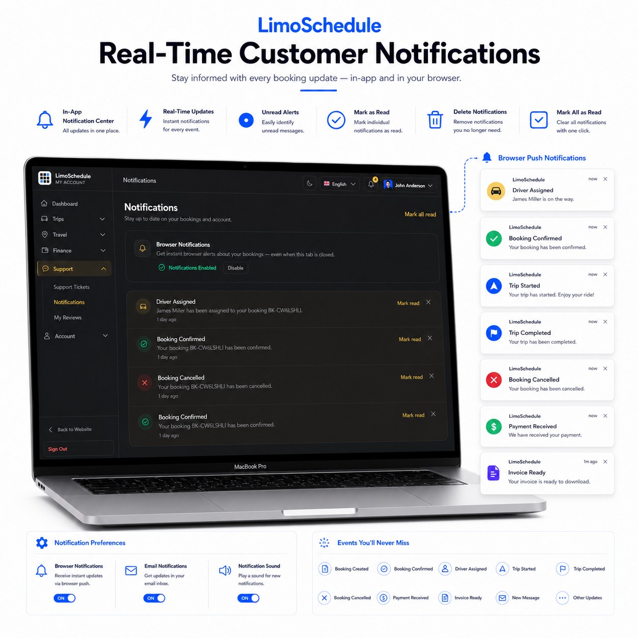 LimoSchedule customer notification center with browser push notifications for booking events