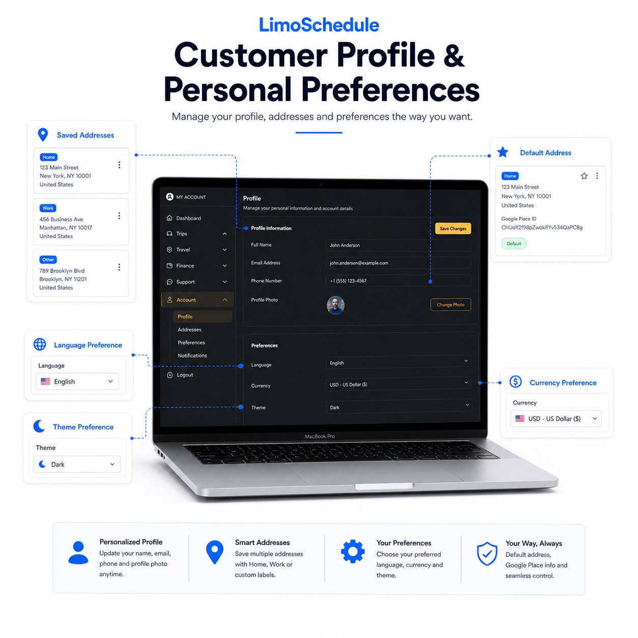 LimoSchedule customer profile page with saved addresses, default address and preferences