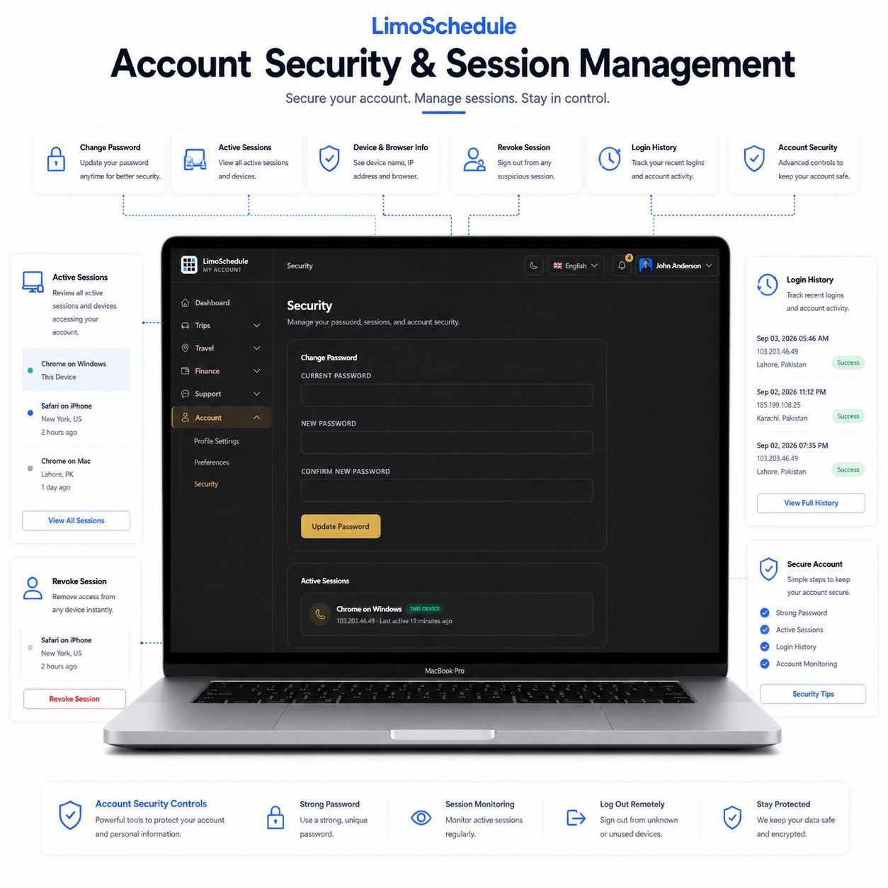 LimoSchedule account security page with active sessions, login history and password change