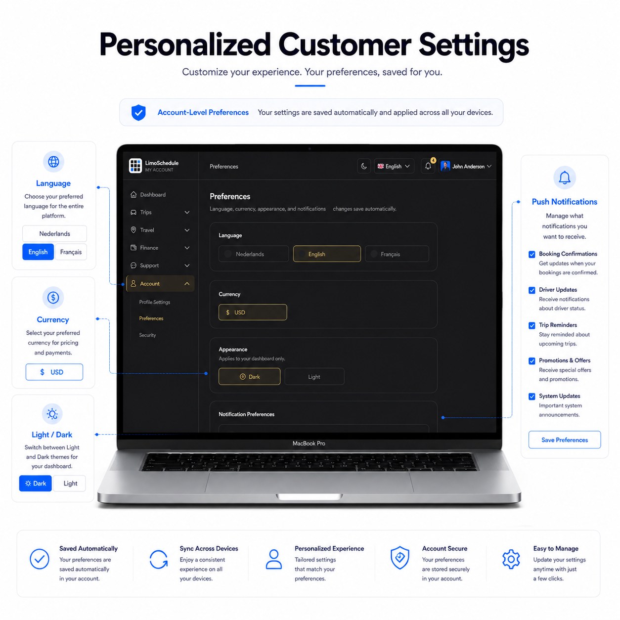 LimoSchedule personalized customer settings for language, currency, theme and notification preferences