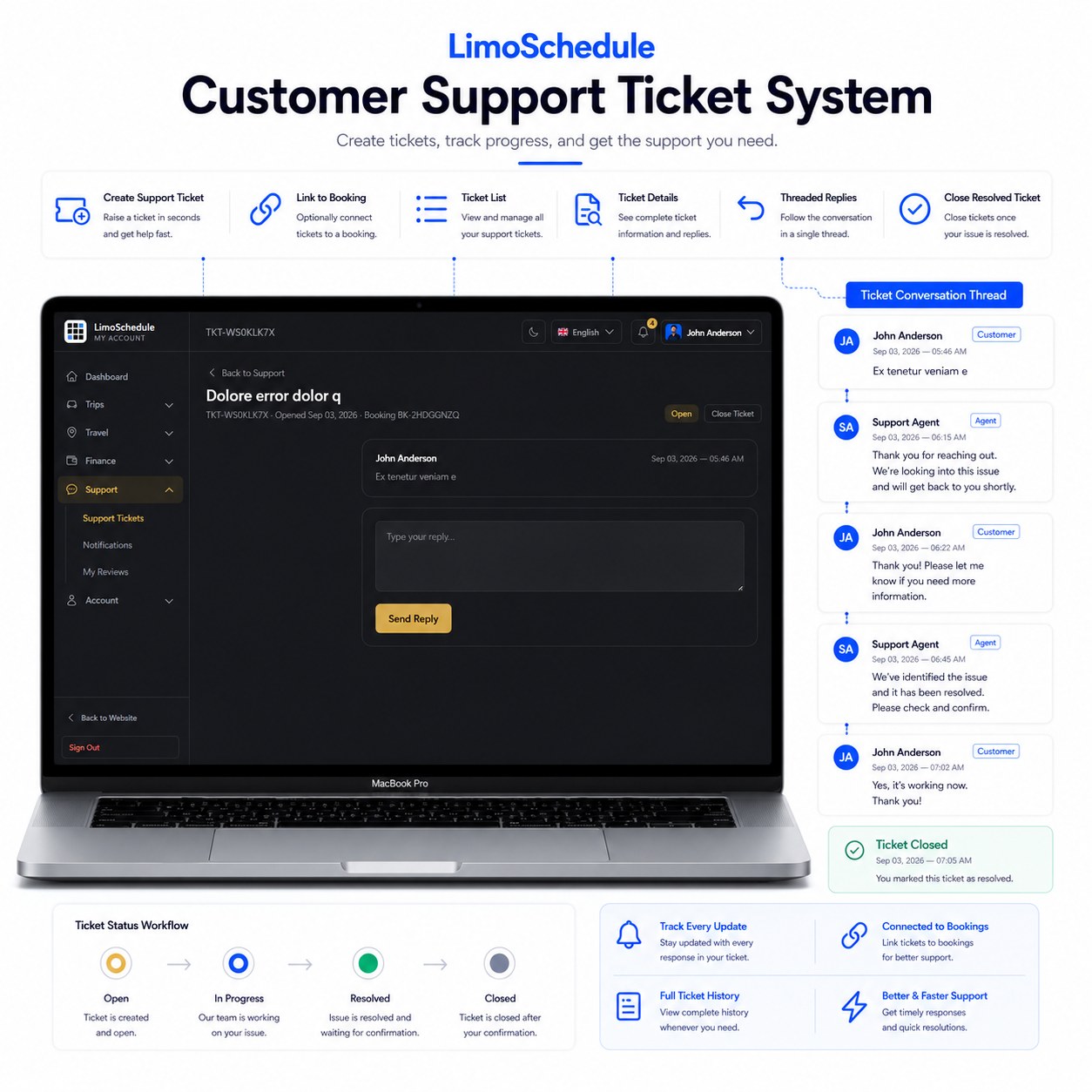 LimoSchedule customer support ticket with a threaded conversation between customer and support agent