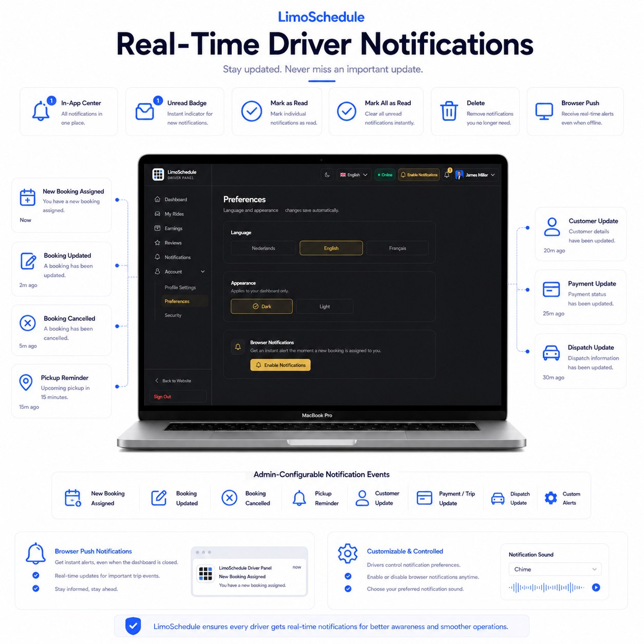 LimoSchedule driver notification preferences with browser push notifications and notification sound