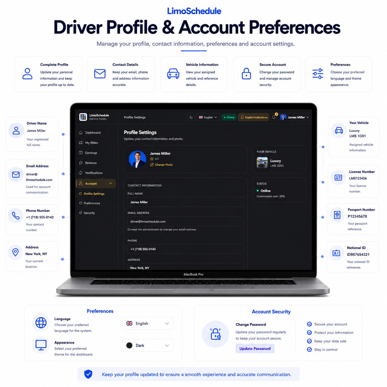 LimoSchedule driver profile settings with contact information, vehicle details and preferences