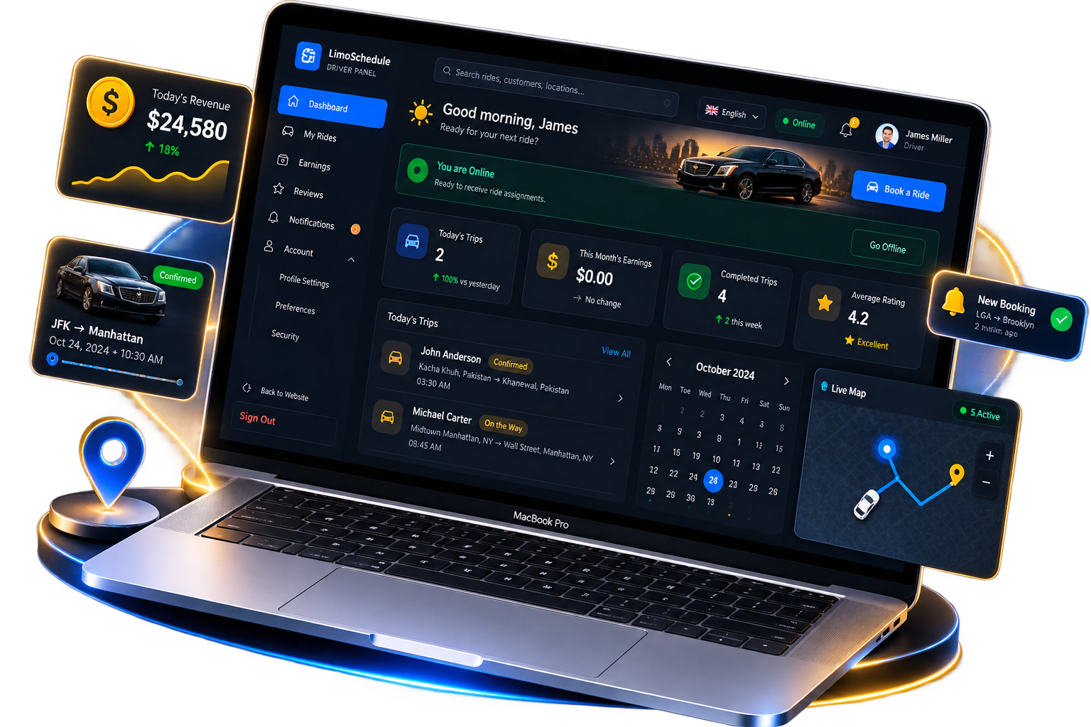 LimoSchedule driver panel dashboard shown on a laptop