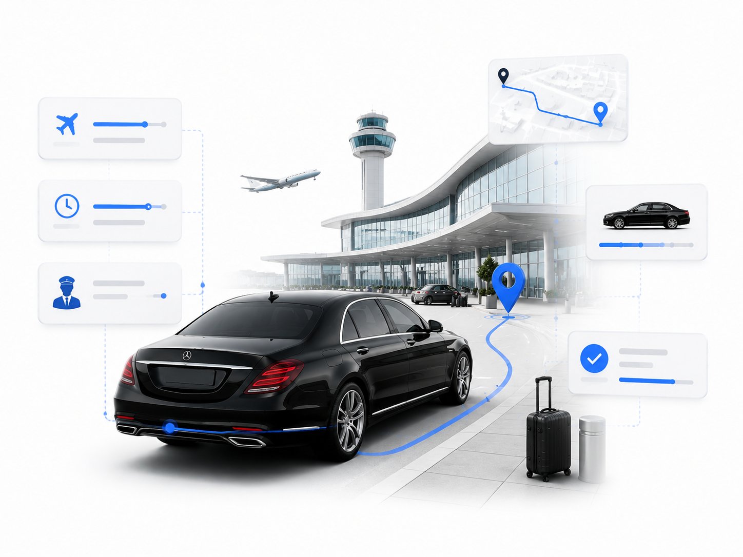 Black Mercedes sedan at an airport terminal with luggage and flight-time, route-map panels illustrating LimoSchedule's airport transfer booking software