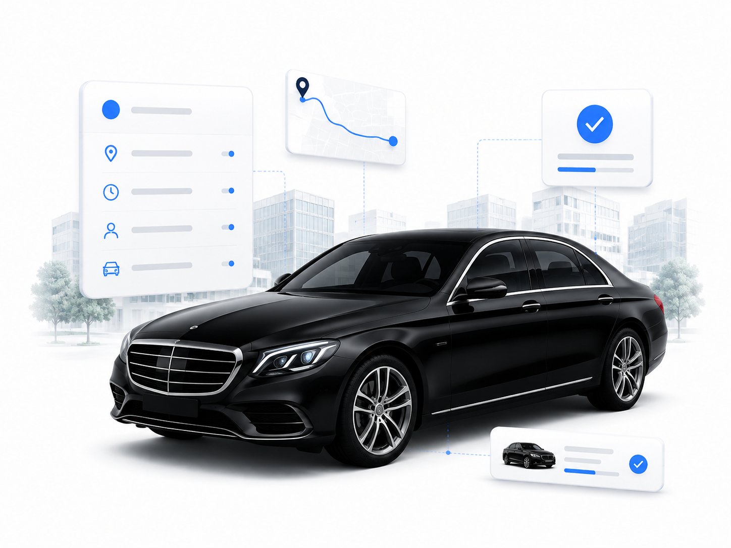 Black Mercedes-Benz sedan in a city setting with booking and route-map panels illustrating LimoSchedule's black car booking software