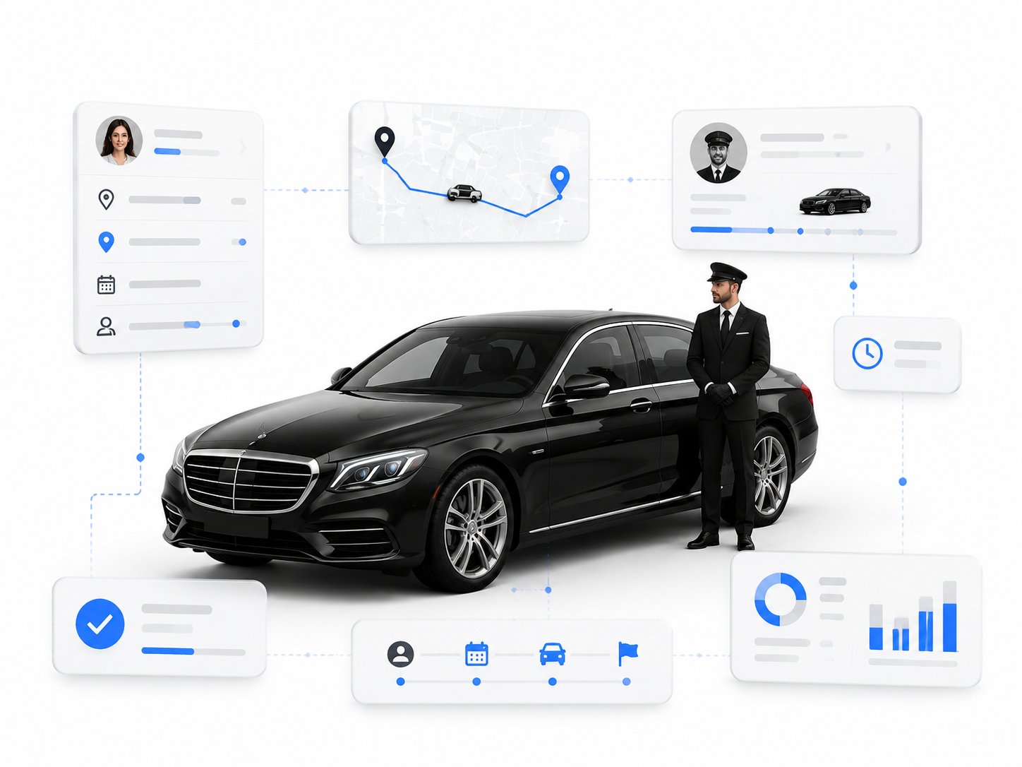 Uniformed chauffeur standing beside a black Mercedes sedan with customer, driver and route-map panels illustrating LimoSchedule's chauffeur booking software