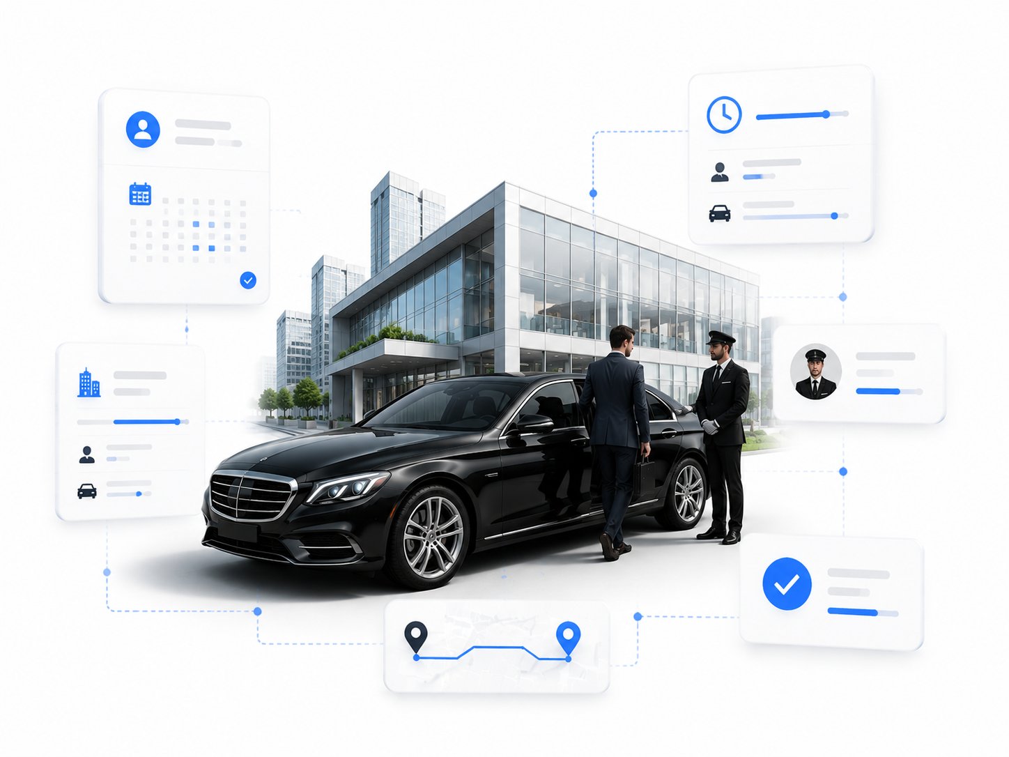 Businessman greeted by a chauffeur beside a black sedan outside a corporate office, with calendar and company-profile panels illustrating LimoSchedule's corporate travel booking software