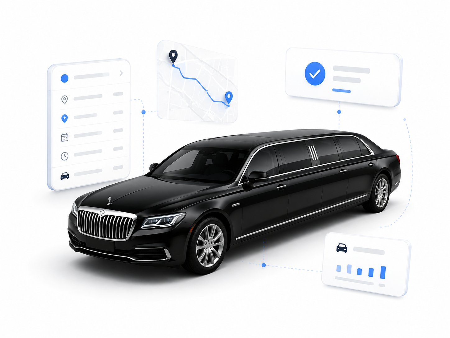 Black stretch limousine with booking, route-map and fare-confirmation panels illustrating LimoSchedule's limo booking software