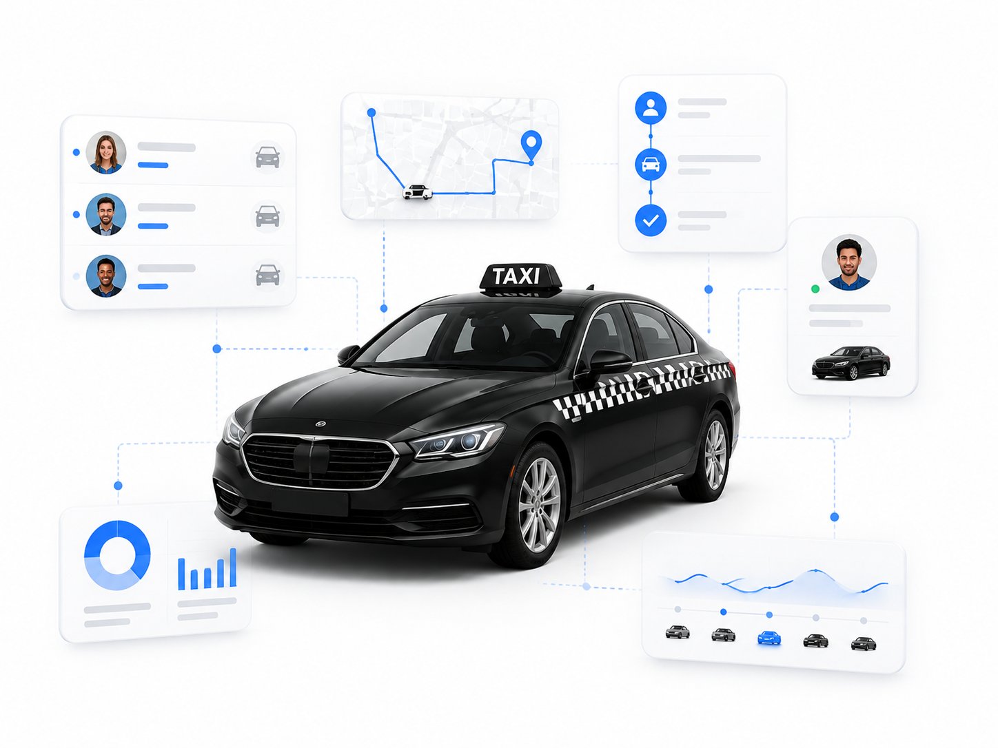 Black taxi cab with driver, route-map and dispatch-analytics panels illustrating LimoSchedule's taxi dispatch and booking software