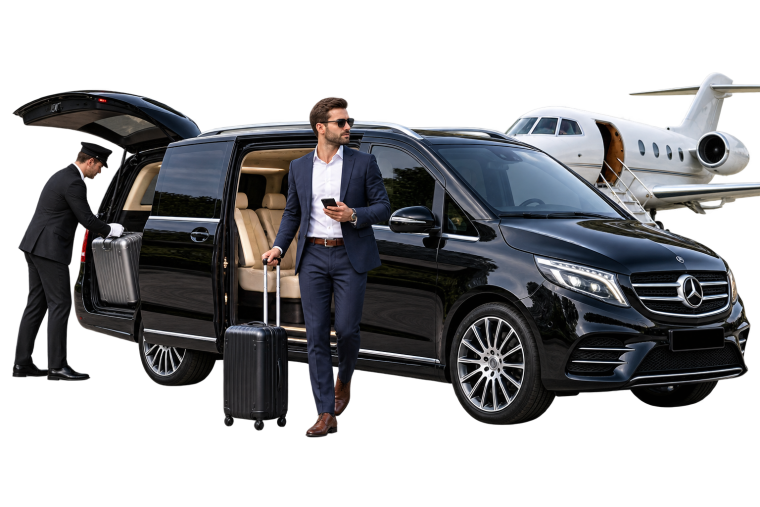 Chauffeur loading luggage into a black Mercedes V-Class beside a private jet for an airport transfer